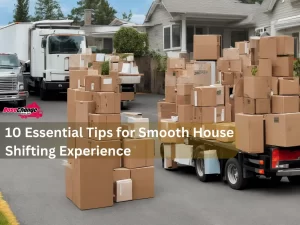 An image featuring a moving truck parked in front of a house, boxes stacked neatly beside it. Text overlay reads: '10 Essential Tips for Smooth House Shifting Experience'. The image conveys the idea of preparation and organization for a stress-free move.