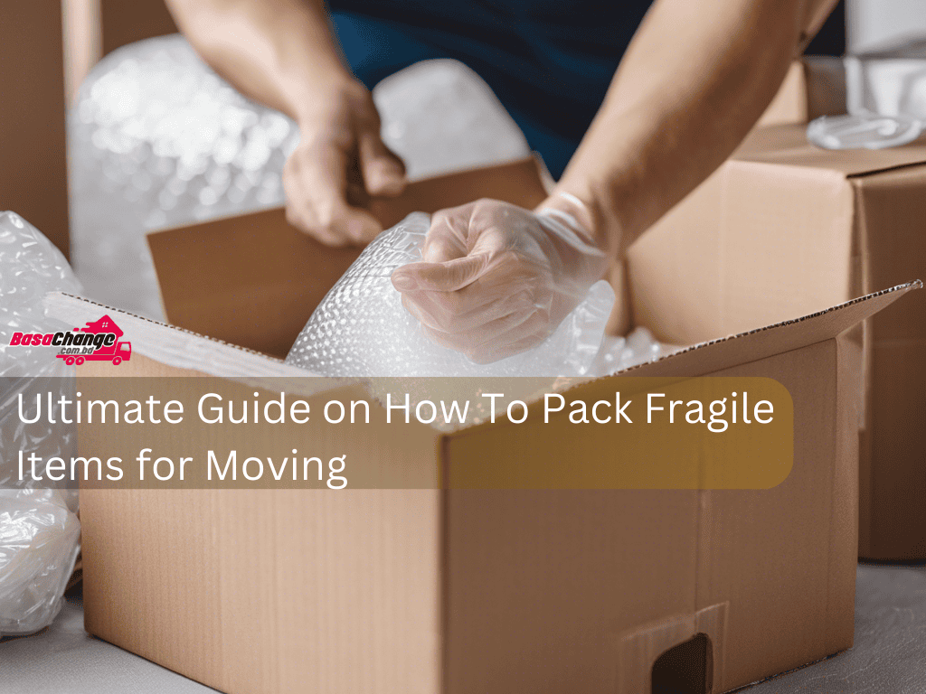 An image depicting a person carefully wrapping delicate glassware in bubble wrap, surrounded by cardboard boxes and packing materials. The person's hands are shown in close-up, demonstrating the meticulous process of packing fragile items. Text overlay reads: "Ultimate Guide on Packing Fragile Items for Moving." This image captures the essence of careful handling and protection during the packing process.