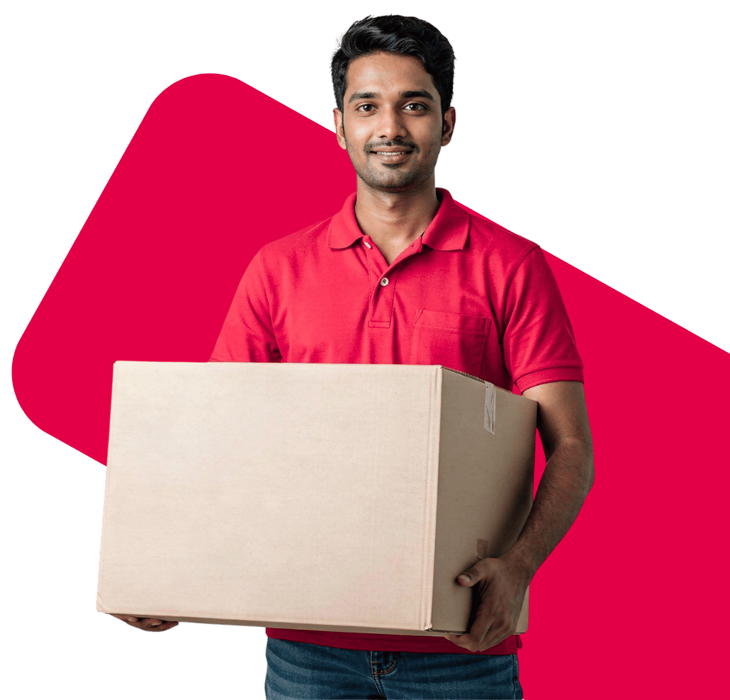 Man wearing a red polo shirt holding a large cardboard box, standing against a white background with a red abstract shape behind him.